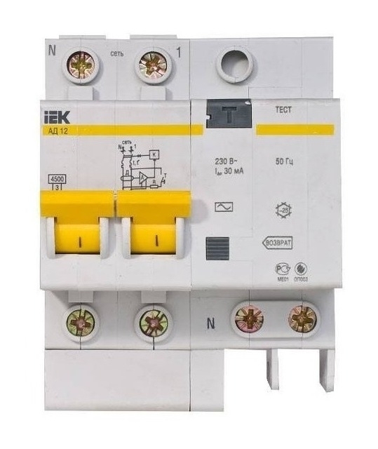 Дифференциальный автомат IEK / ИЕК ДИФ АД-12 двухполюсной, модульный, 220/230В, 4.5кА, 25А, IP20 / электрика