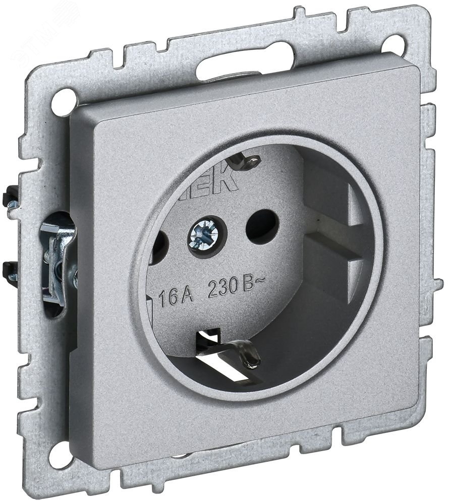 Розетка IEK / ИЕК Brite РС11-1-0-БрА 1-местная, с заземлением, без защитных шторок, из пластика, цвет алюминий, 74.4×74.4×43.2мм, 16А, IP20 / электрика