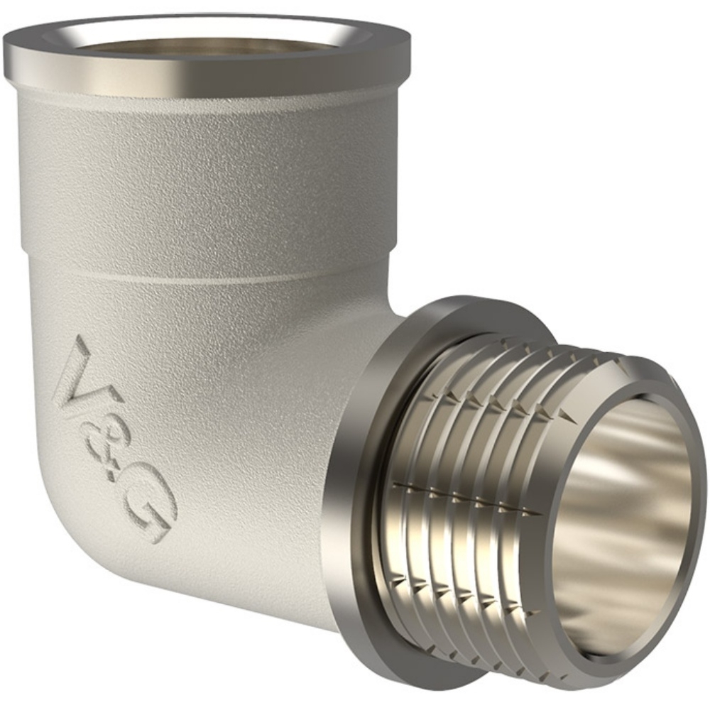 Угольник переходной V&G / В&Г для труб, внутренняя-наружная резьба, латунь с никелированным покрытием, диаметр 1дюйм / водоснабжение