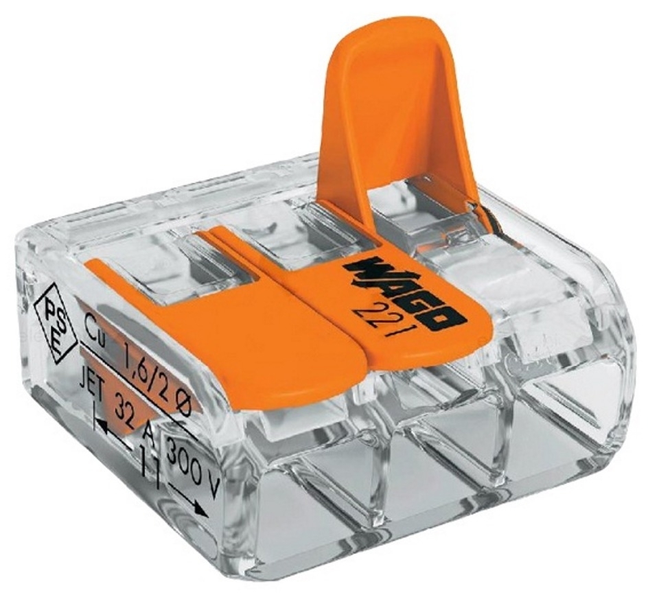 Клемма Wago / Ваго 221-413 монтажная, 3-х проводная, с рычагами, из меди и пластика, прозрачная, 32А, сечение провода 0.2-4мм², 1шт. в упаковке / электрика