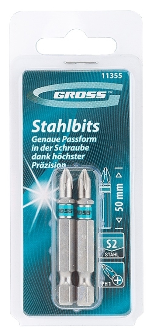 Набор бит Gross / Гросс для шуруповерта, из инструментальной стали S2, PH1, длина 50мм, 2шт. / оснастка