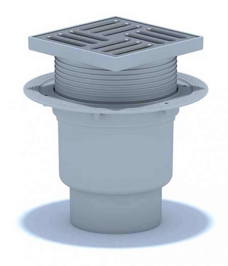 Трап для душа Анипласт 110 вертикальный слив, регулируемый из пластика и нержавеющей стали сухой, серый, размером 15х15см / водоотведение и канализация