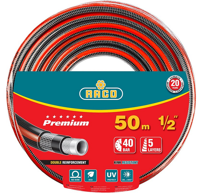 Шланг поливочный RACO / Рако PREMIUM усиленный армированный, из ПВХ, диаметр 1/2дюйма, 50м / все для сада