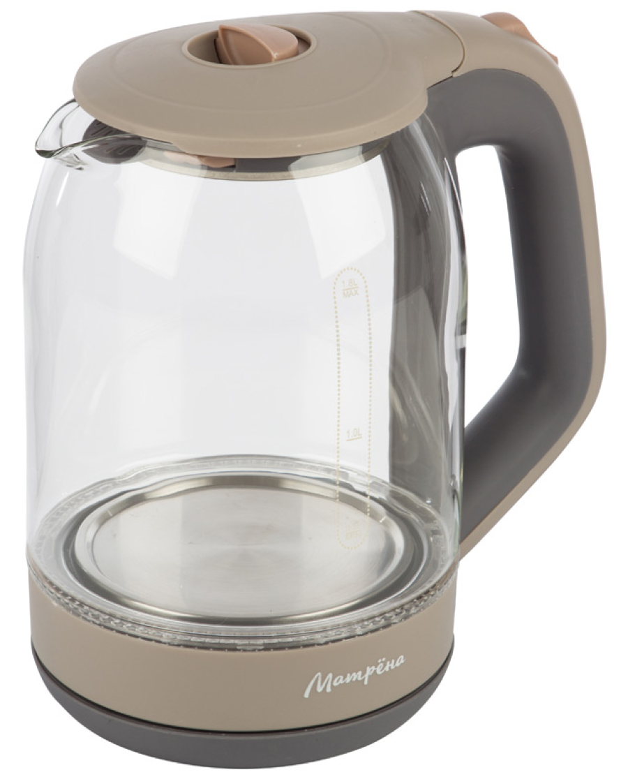Чайник электрический Матрёна MA-006 с подсветкой, в корпусе из термостойкого стекла, бежевый, 1.8л, 1500Вт / товары для дома
