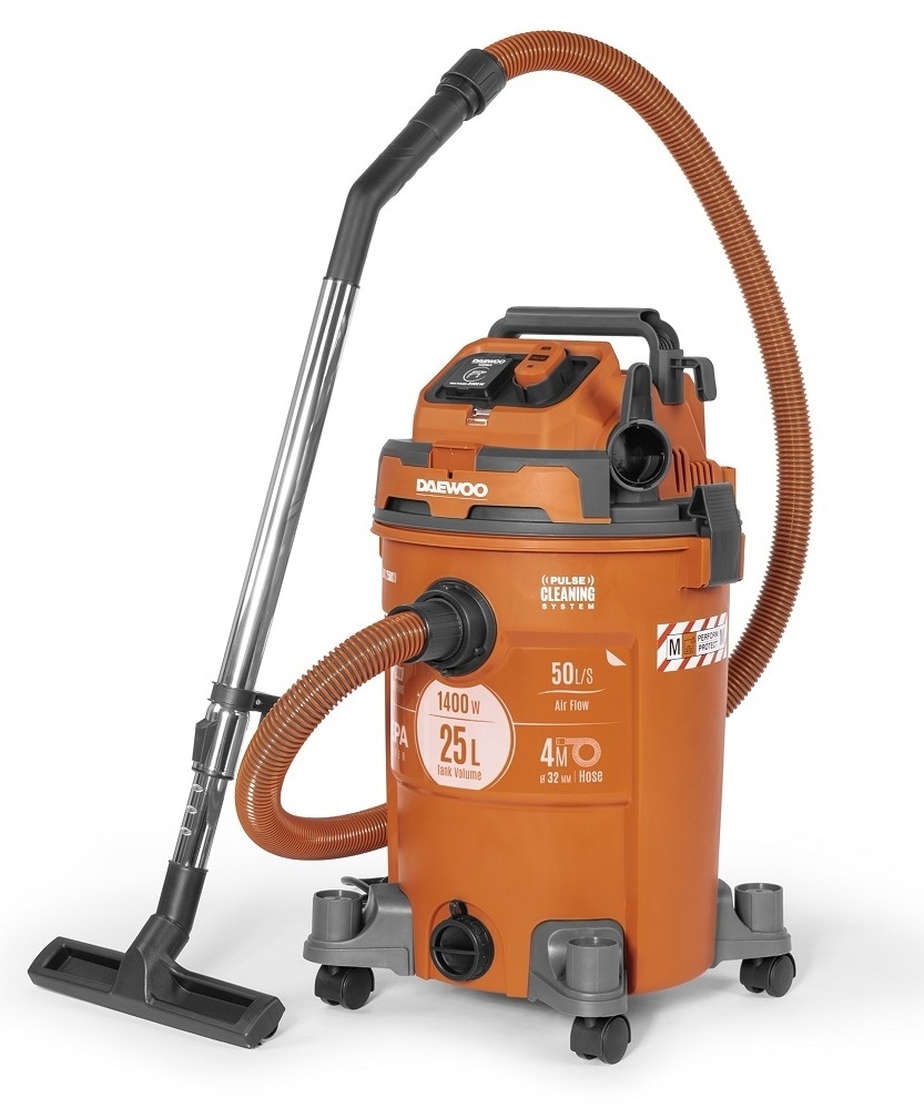 Промышленный пылесос DAEWOO / Дэу DAVC 2500SD со шлангом, сухая и влажная уборка, оранжевый, шланг 38мм, объем бака 25л, 1400Вт / техника