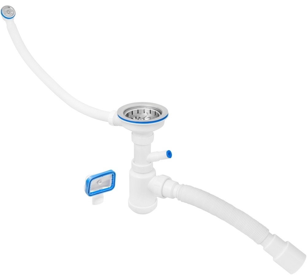 Сифон сливной Masterprof / Мастерпроф для кухонной мойки с выпуском и отводом для стиральной машины, из пластика и нержавеющей стали, белый, 40/50мм, 3.1/2дюйм / сантехника