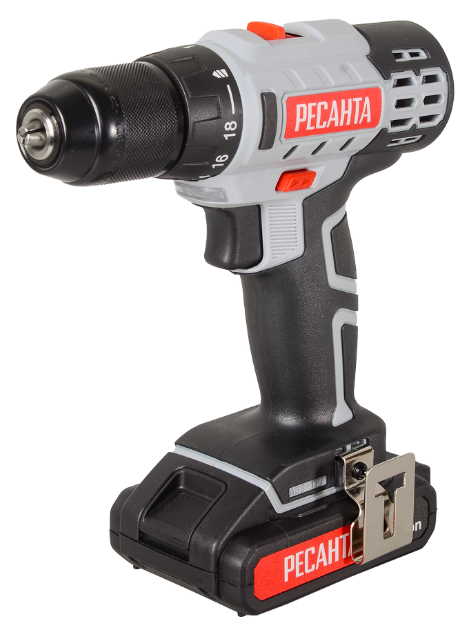 Дрель-шуруповерт аккумуляторная Ресанта ДА-20-2ЛК с 2 аккумуляторами, в кейсе, 20В, Li-Ion 2А/ч, 55Нм, 2 скорости / электроинструмент