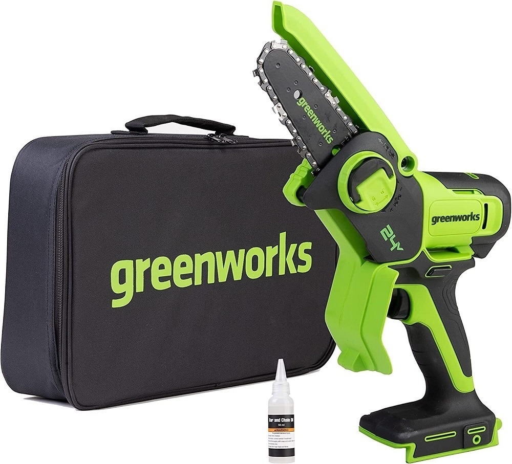 Пила цепная аккумуляторная Greenworks / Гринворкс G24MCS10 для пиления древесины, полотно 100мм, 1/4дюйма, 46 звеньев, Li-Ion, 2А/ч / электроинструмент