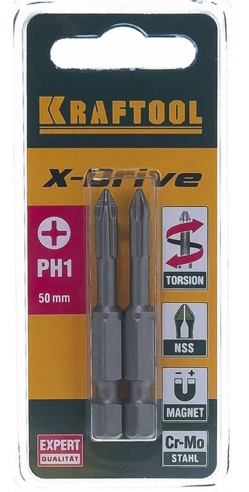 Бита KRAFTOOL / Крафтул X-DRIVE торсионная, для шуруповерта, из стали S2, PH1, 50мм, 2шт. / инструменты