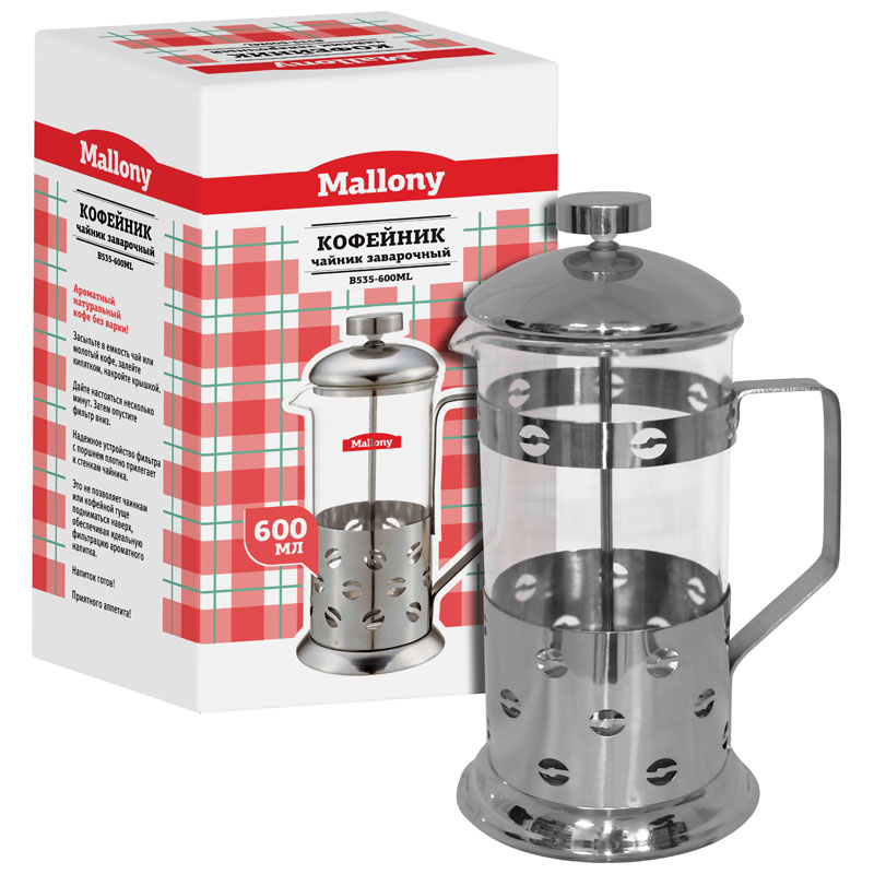 Чайник заварочный Mallony / Маллони Caffe B535-600ML кофейник, в корпусе из стекла и металла, прозрачный, 600мл / товары для дома