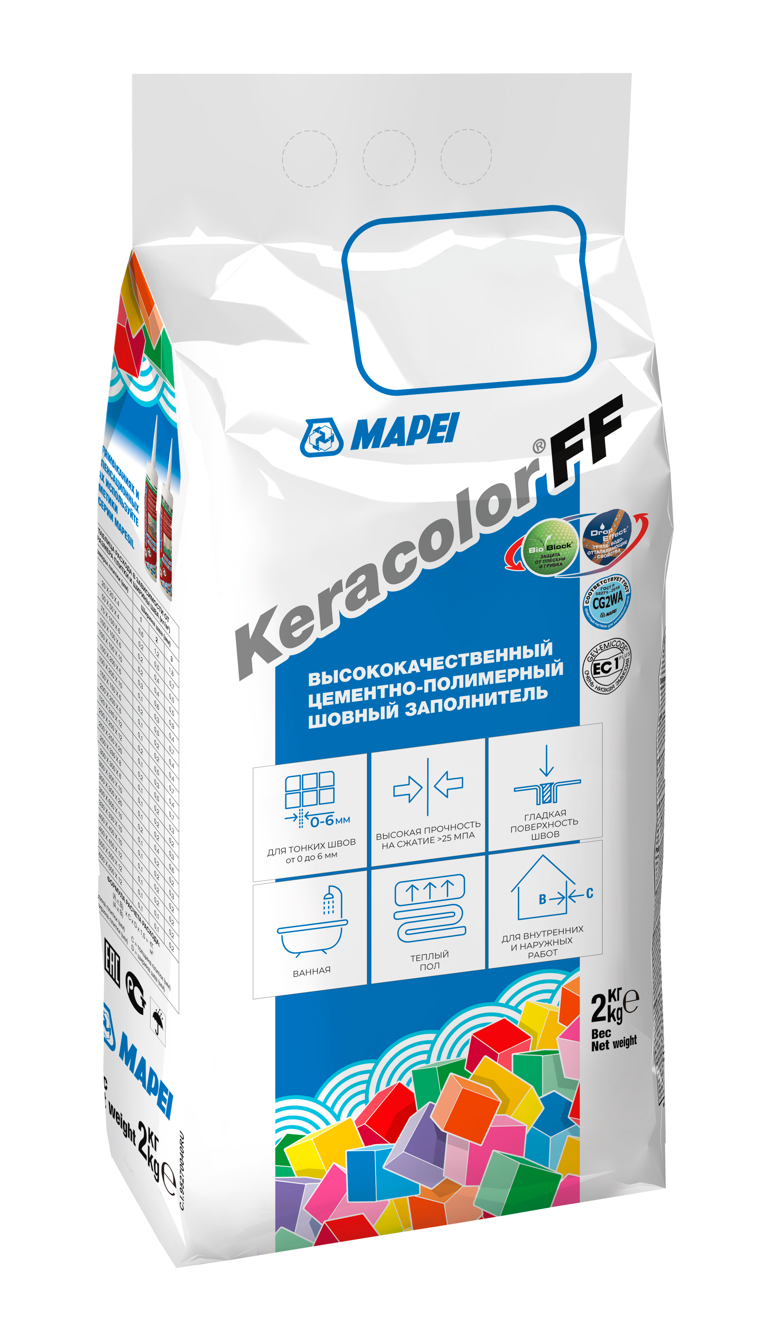 Затирка Mapei / Мапей Keracolor FF для плиточных швов, сухая, водоотталкивающая, цементно-полимерная, цвет №130 жасмин, 2кг / строительные смеси