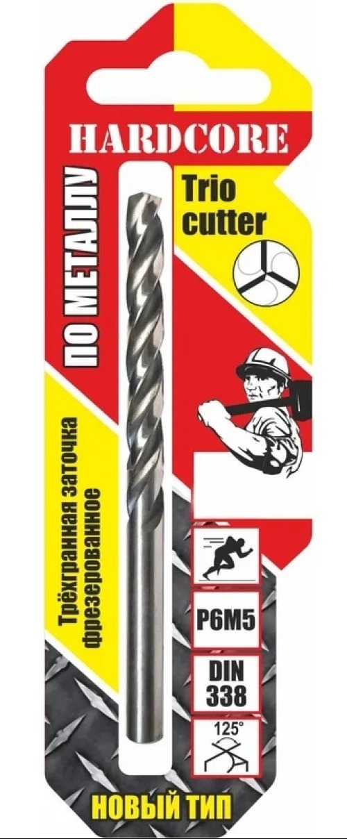 Сверло по металлу Hardcore / Хардкор Trio Cutter спиральное из быстрорежущей стали Р6М5, диаметр 4мм, длина 75мм / оснастка
