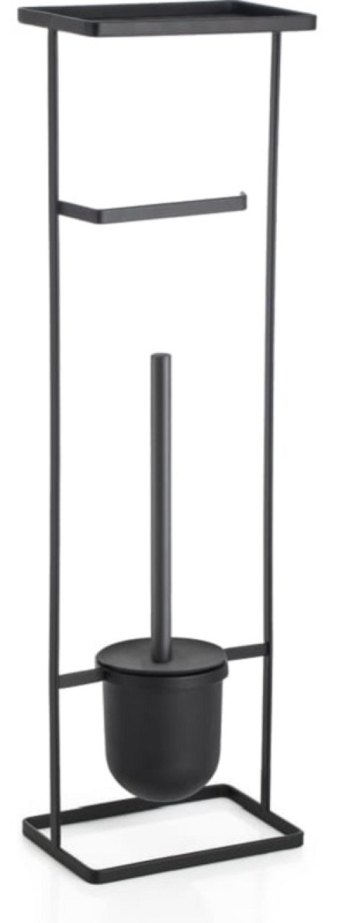 Держатель для туалетной бумаги Fora / Фора ELEGANCE STEEL напольная стойка с полкой и ершиком, из нержавеющей стали, цвет черный, размером 610×180х120мм / товары для дома