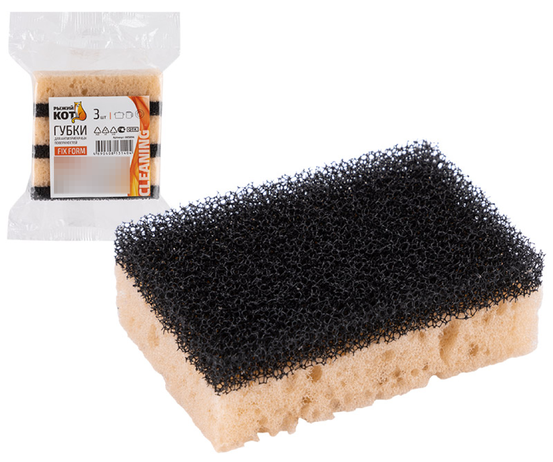 Губка для антипригарных поверхностей Рыжий кот Fix Form из поролона, 60х93х30мм, в упаковке 3шт. / хозяйственные товары