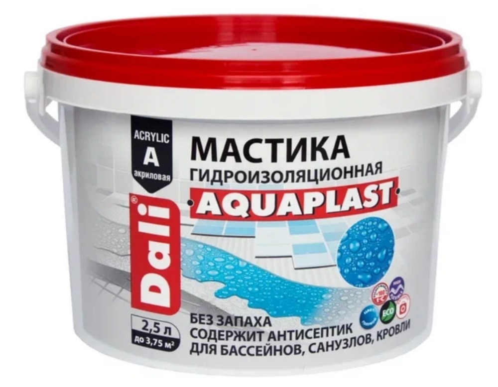 Мастика гидроизоляционная Dali / Дали AQUAPLAST универсальная, для наружных и внутренних работ, акриловая, объемом 2.5л / стройматериалы