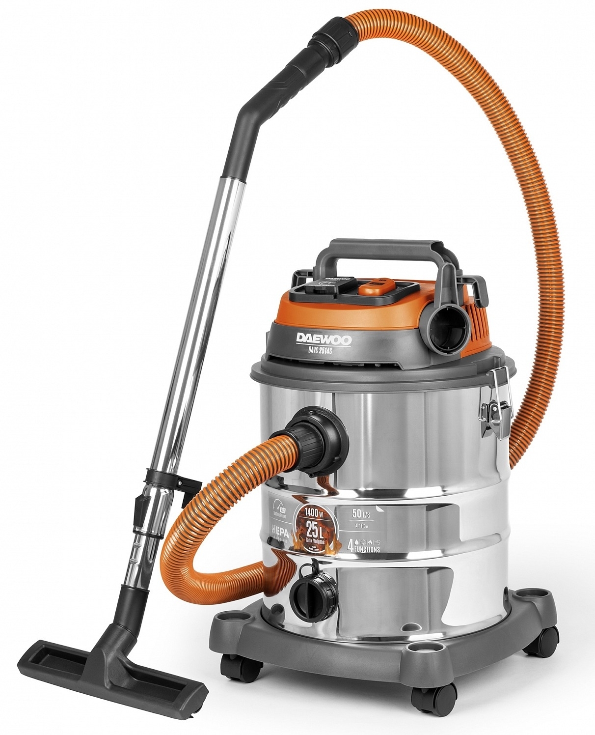 Промышленный пылесос DAEWOO / Дэу DAVC 2514S универсальный со шлангом, сухая и влажная уборка, серый, шланг 38мм, объем бака 25л, 380x380x550мм, 1400Вт / техника