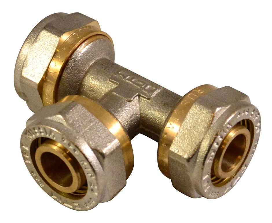 Тройник СТМ для труб, обжим, из латуни, желтый, диаметром присоединения 20мм / водоснабжение