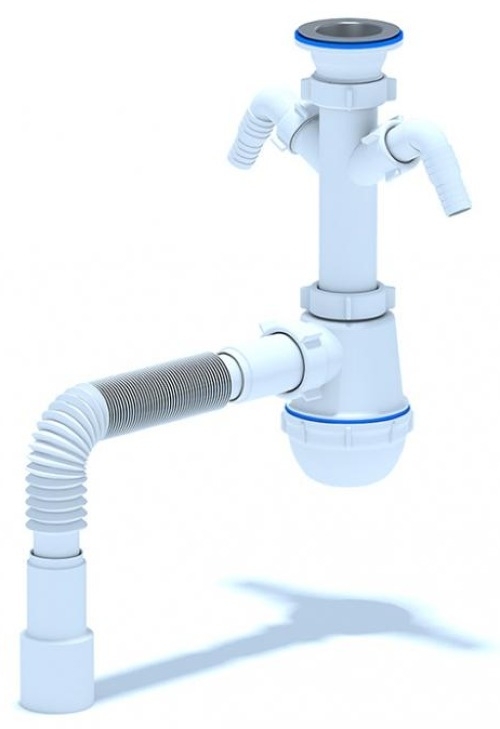 Сифон сливной Анипласт Ани Грот для стиральной машины с двумя отводами, из пластика и нержавеющей стали, белый, 40/50мм, 1.1/2дюйм / сантехника