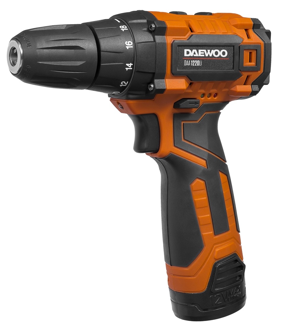 Дрель-шуруповерт аккумуляторная DAEWOO / Дэу DAA 1220Li с подсветкой, в кейсе, 12В, Li-Ion 1.5А/ч, 30Нм, 2 скорости / электроинструмент