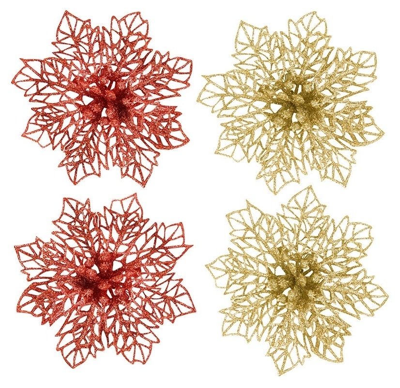 Украшение Волшебная страна Пуансеттия подвесное, декоративное, новогоднее, из пластика, 140мм, 4шт. / товары для праздников