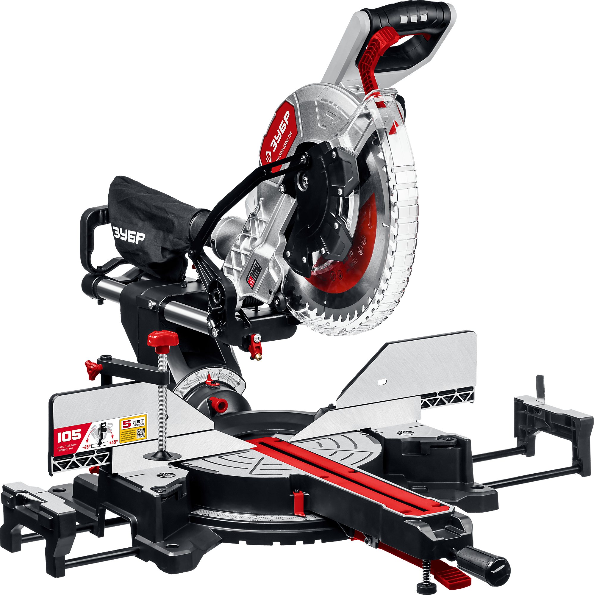 Пила торцовочная Зубр ЗПТ-305-1800 ПЛ сетевая, диск 305мм, посадочный диаметр 30мм, мощностью 1800Вт / электроинструмент