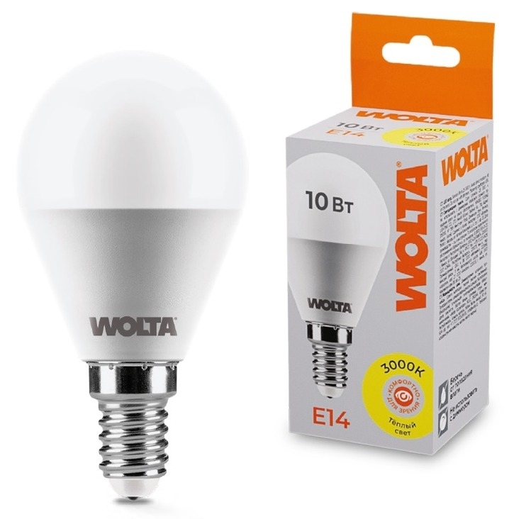 Лампочка светодиодная Wolta / Вольта шар, Е14, 3000К, 825Лм, теплый свет, 220В, 10Вт / освещение