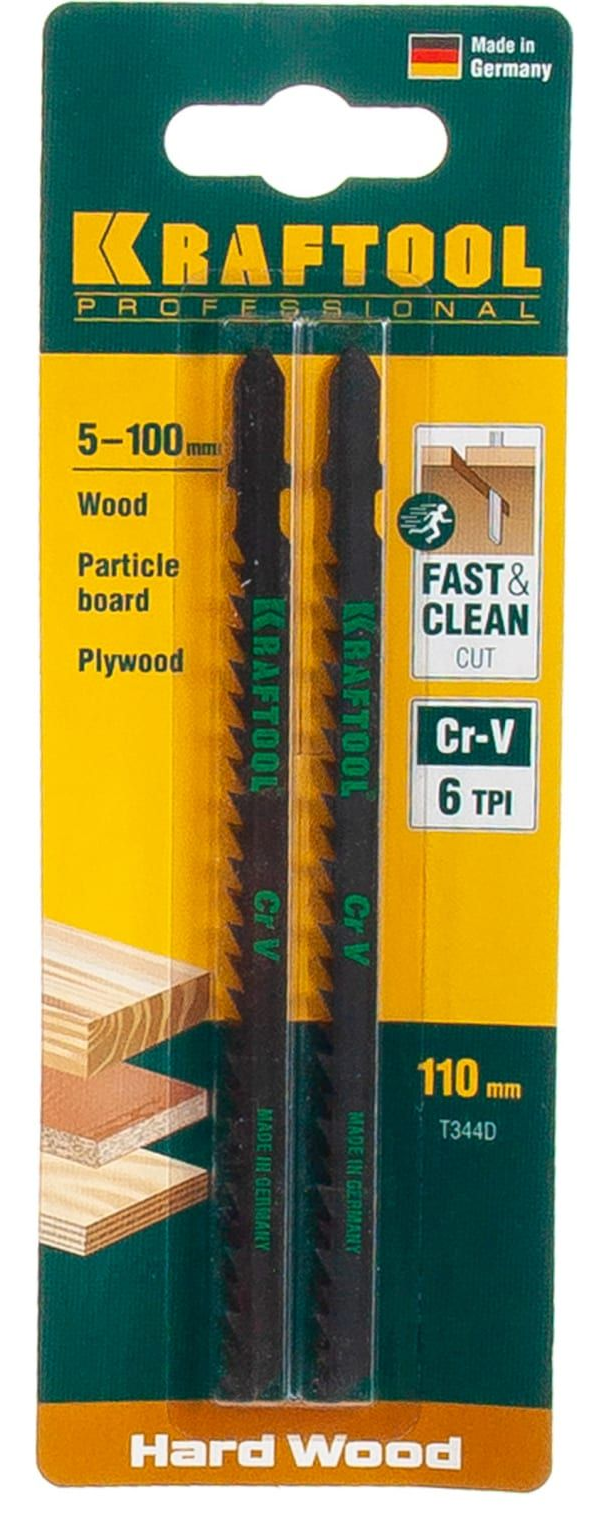 Пилка для лобзика KRAFTOOL / Крафтул T344D по дереву, быстрый рез, Т-образный хвостовик, из хромованадиевой стали, рабочая длина 75мм, 2шт. / оснастка