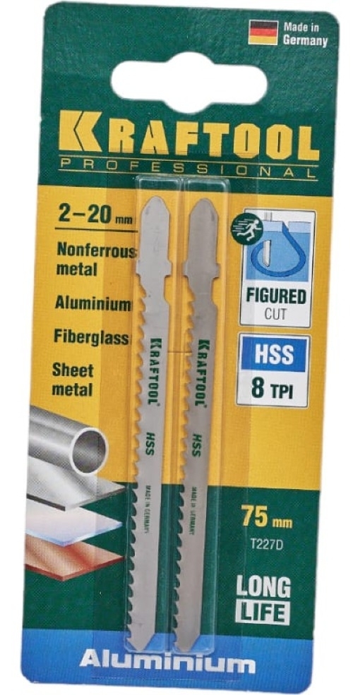Пилка для лобзика KRAFTOOL / Крафтул T227D по металлу, фигурный рез, Т-образный хвостовик, из быстрорежущей стали, рабочая длина 75мм, 2шт. / оснастка