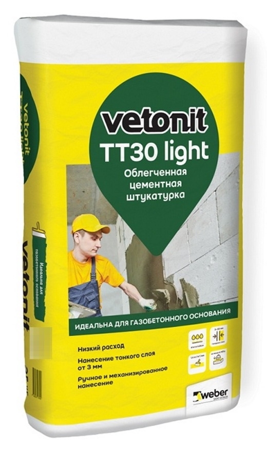 Декоративная штукатурка Vetonit / Ветонит Weber TT30 light облегченная, для внутренних и наружных работ, цементная, серая, 25кг / строительные смеси
