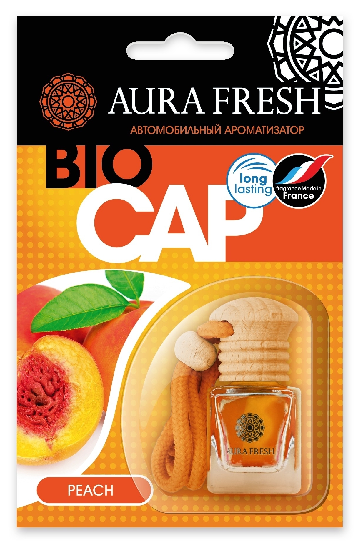 Ароматизатор автомобильный Aura Fresh / Аура Фреш Bio Cap Peach подвесной, персиковый, 6мл / автотовары