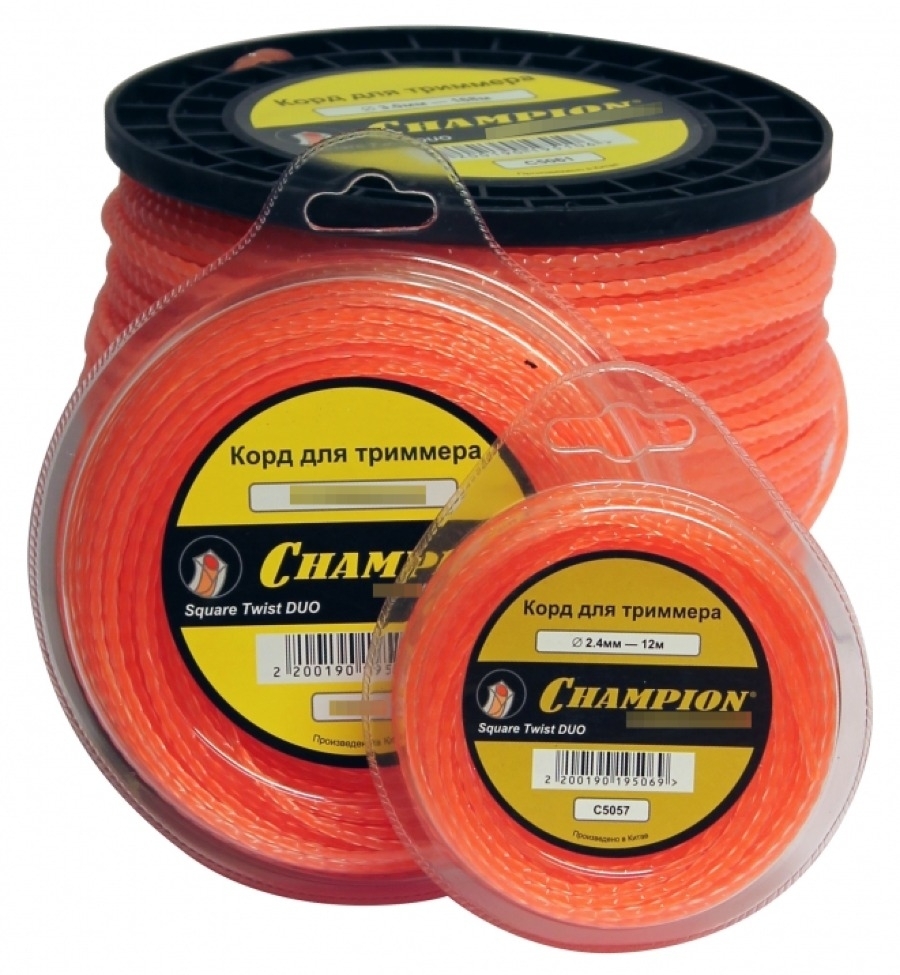 Леска для триммера Champion / Чемпион Square Twist DUO витой квадрат, нейлоновая, толщина 2.4мм, 12м / садовая техника