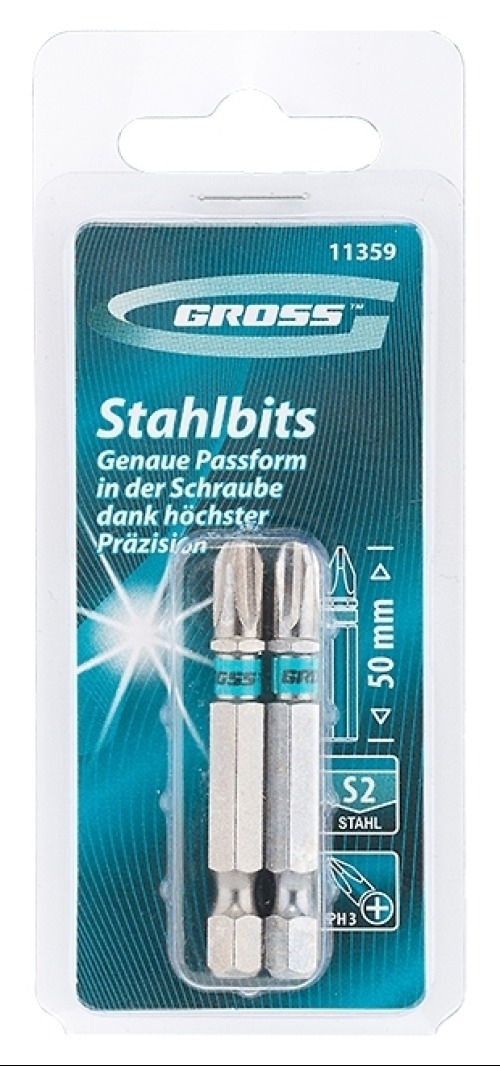 Набор бит Gross / Гросс для шуруповерта, из инструментальной стали S2, PH3, длина 50мм, 2шт. / оснастка