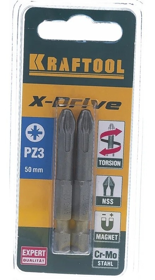 Бита KRAFTOOL / Крафтул X-DRIVE торсионная, для шуруповерта, магнитная, из стали S2, PZ3, 50мм, 2шт. / инструменты
