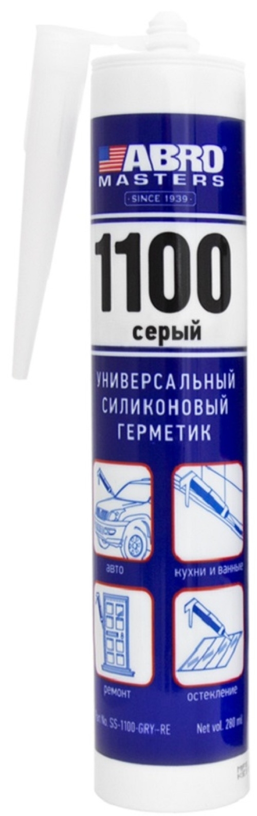 Герметик силиконовый ABRO Masters / Абро Мастер 1100 универсальный на основе уксусной кислоты, серый, 280мл / строительство и ремонт