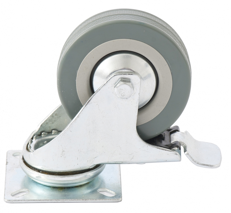 Мебельное колесо СИБРТЕХ поворотное, на платформе, с тормозом, резиновое, серое, диаметр 75мм / фурнитура