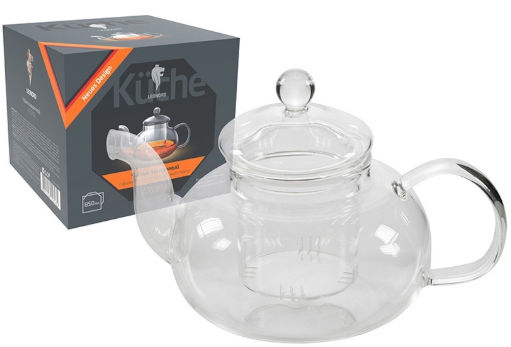 Чайник заварочный Leonord / Леонорд AROMA в корпусе из стекла, прозрачный, 850мл / товары для дома