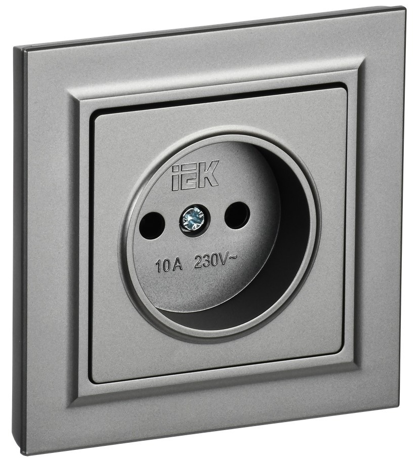 Розетка IEK / ИЕК Brite РСP10-1-0-БрС 1-местная, без заземления, без защитных шторок, из пластика, цвет сталь, 74.4×74.4×36.8мм, 10А, IP20 / электрика
