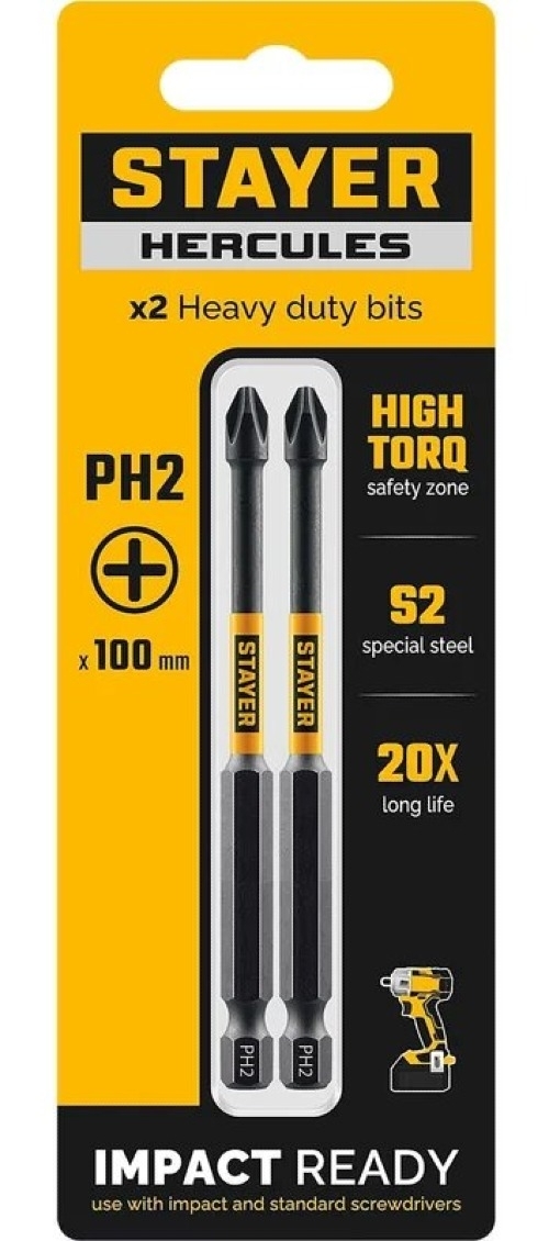 Бита Stayer / Стайер HERCULES торсионная, для шуруповерта, из хромомолибденовой стали, PH2, 100мм, 2шт. / инструменты