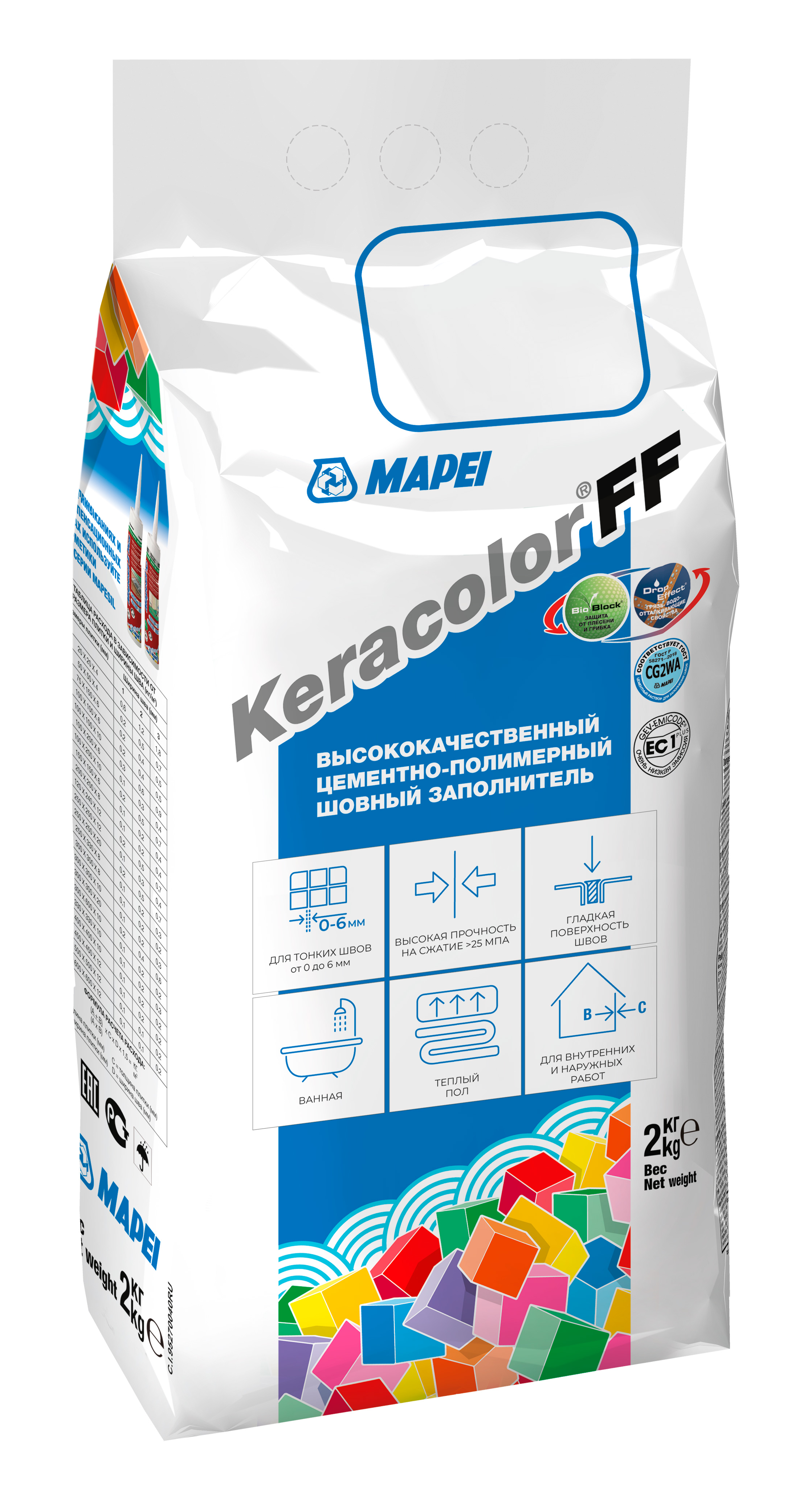 Затирка Mapei / Мапей Keracolor FF для плиточных швов, сухая, водоотталкивающая, цементно-полимерная, цвет №100 белый, 2кг / строительные смеси