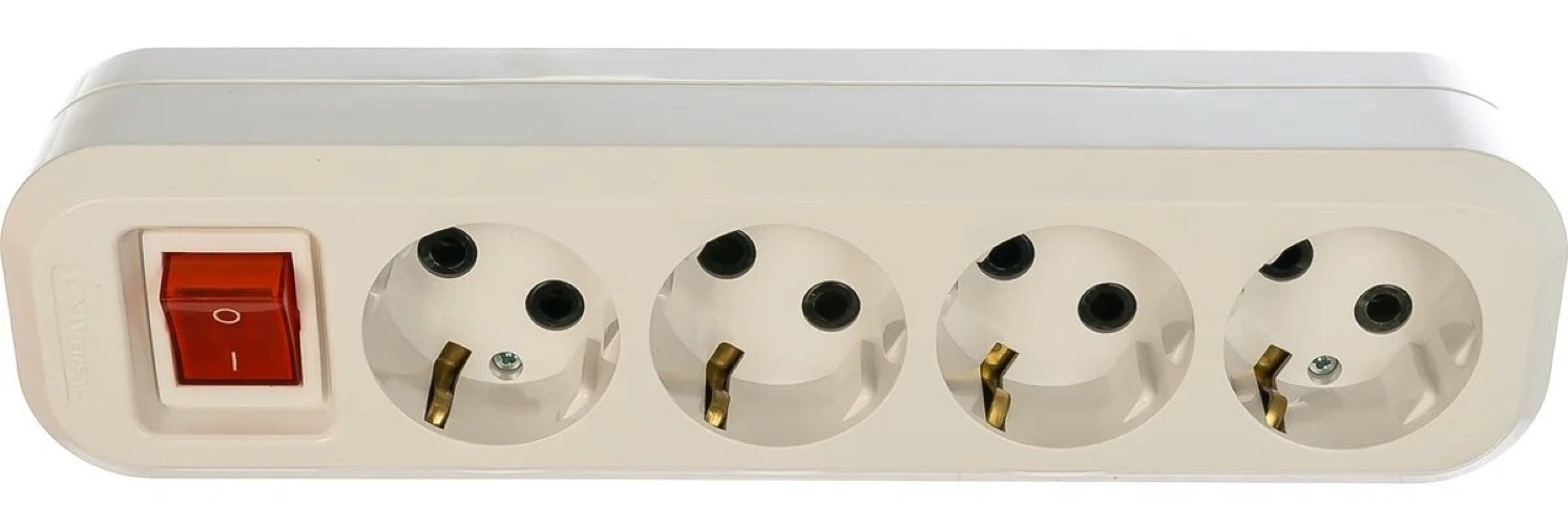 Колодка электрическая Universal / Универсал S304 4 гнезда с заземлением и выключателем, пластиковый корпус, цвет белый, 220В, 16А, 3500Вт, IP20 / электрика