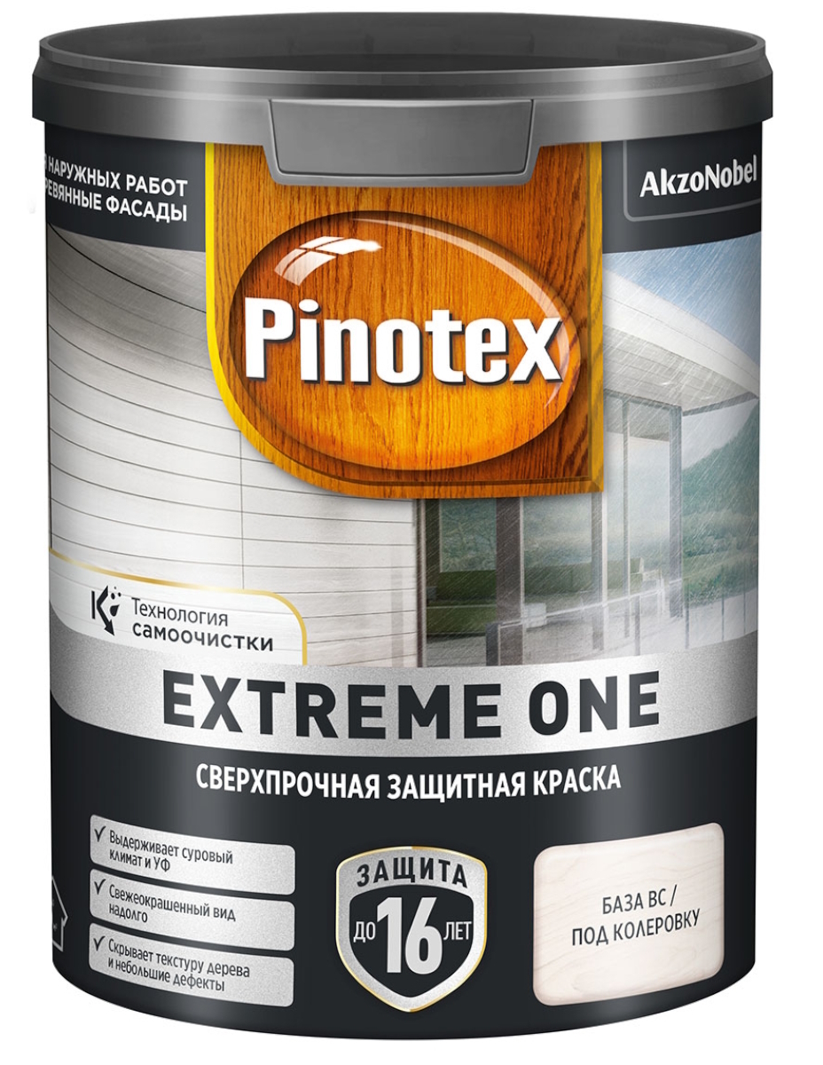 Фасадная краска Pinotex / Пинотекс Extreme One база BС для дерева сверхпрочная, атмосферостойкая, акриловая, прозрачная полуматовая, 0.85л / лакокрасочные материалы