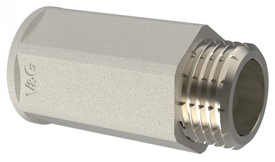 Удлинитель сантехнический V&G / В&Г никелированный, из латуни, внутренняя и наружная резьба 1/2дюйма, длина наращивания 30мм / фитинг