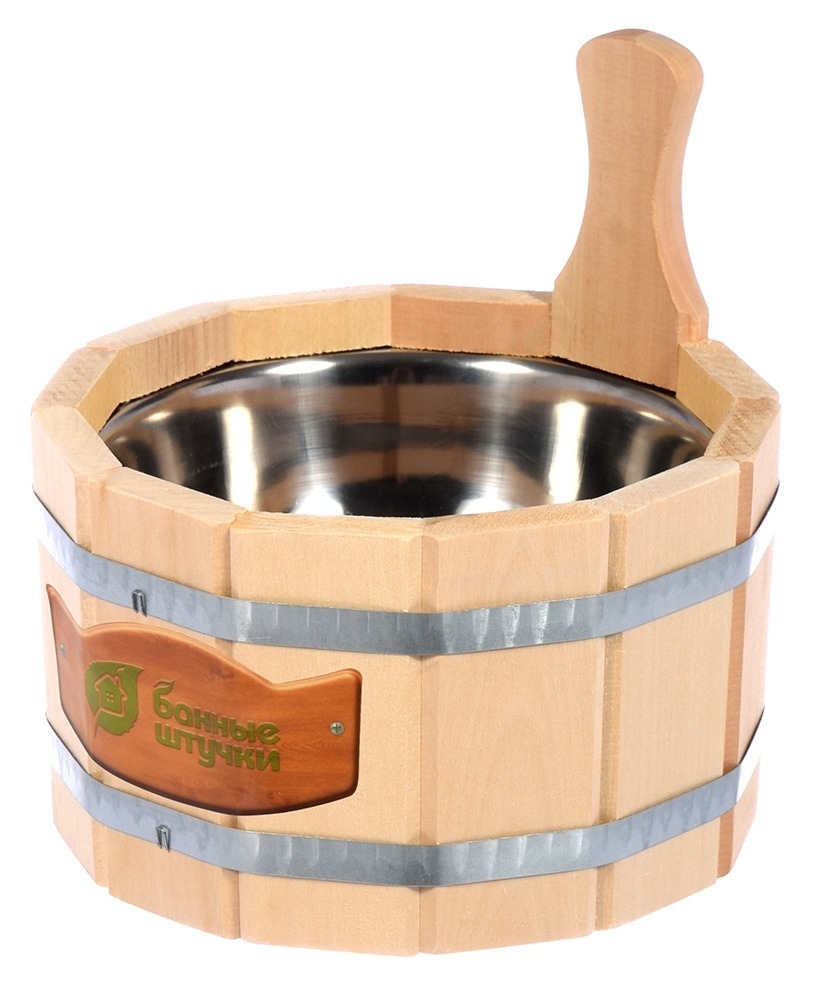 Ушат для бани Банные штучки Шайка, с вставкой из нержавеющей стали, из древесины липы, бежевый, объемом 3.5л / товары для дома