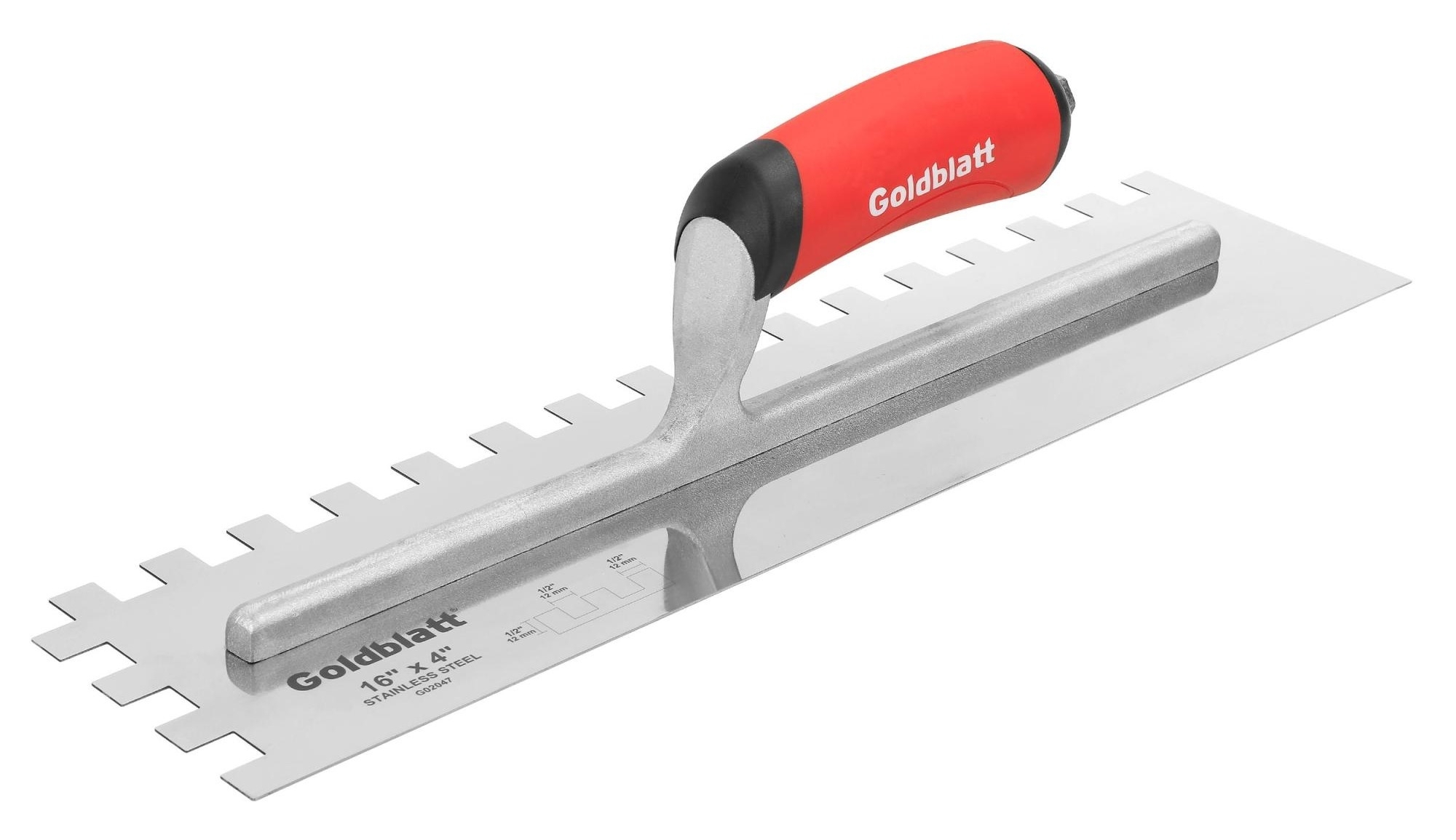 Шпатель зубчатый Goldblatt / Голдблэт для штукатурно-отделочных работ, из нержавеющей стали, серый, зуб 12х12мм, 406×102мм / гребенка