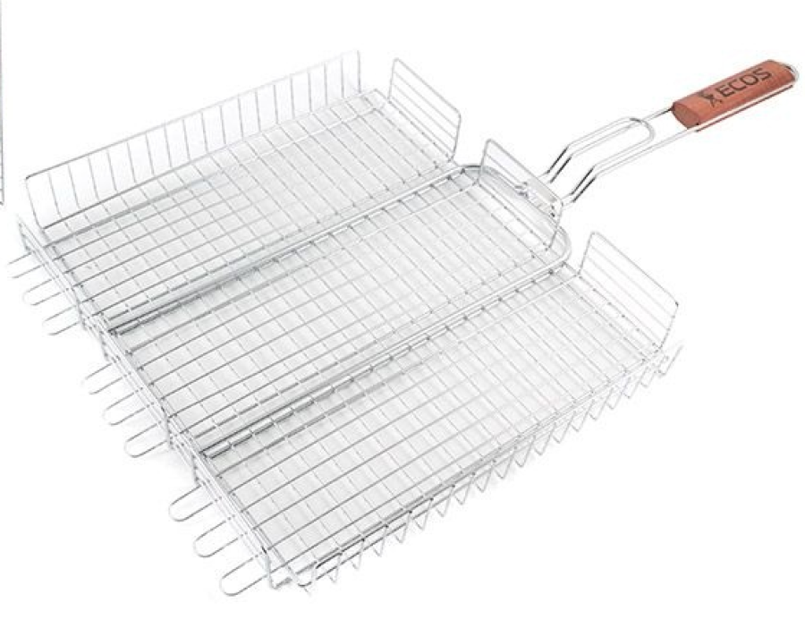 Решетка гриль ECOS / Экос RD-103-1D хромированная для барбекю с деревянной ручкой, из стали, 40х35х5см / отдых и пикник