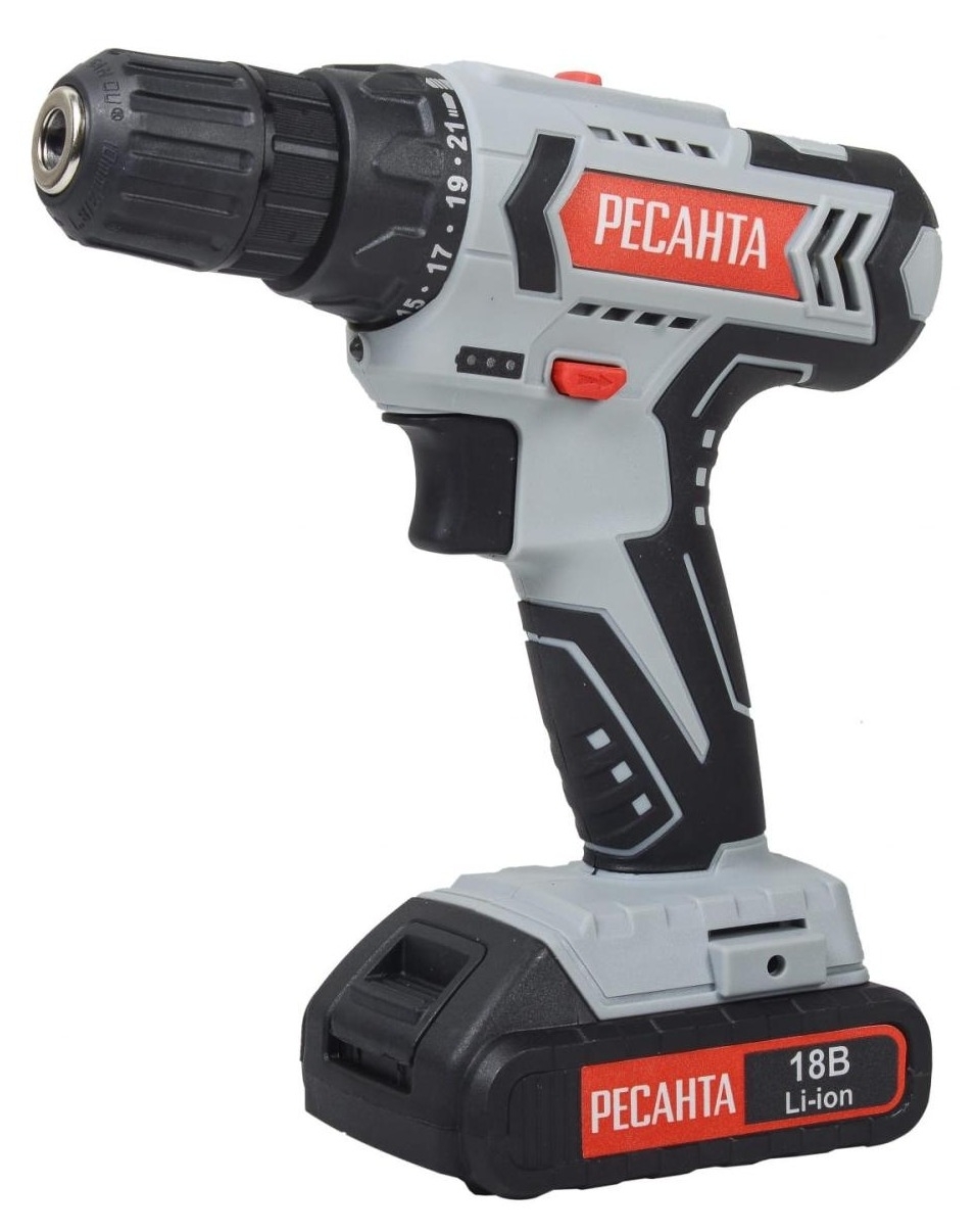 Дрель-шуруповерт аккумуляторная Ресанта ДА-50Л2-18А с 2 аккумуляторами, в кейсе, 18В, Li-Ion 2А/ч, 50Нм, 2 скорости / электроинструмент