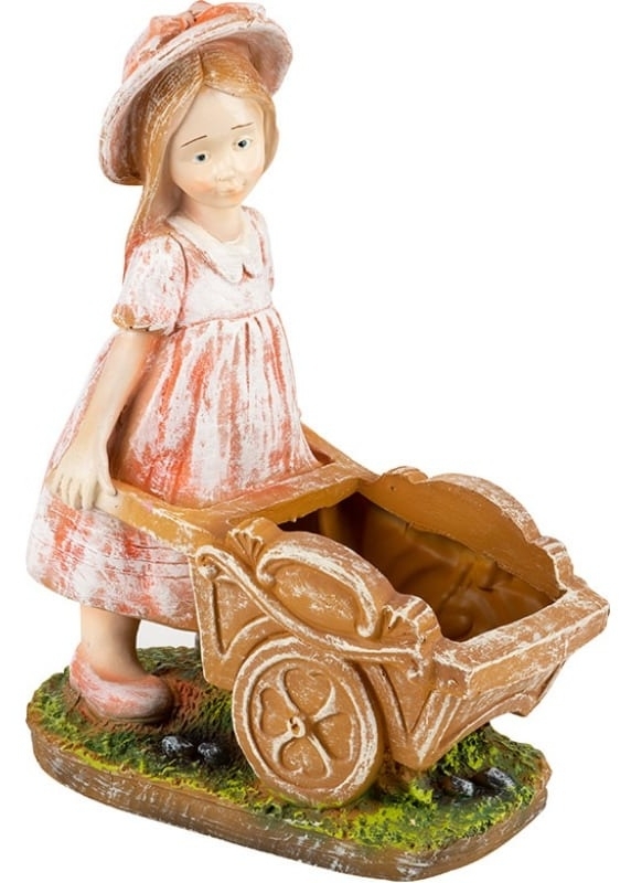 Кашпо уличное PARK / Парк Девочка с тележкой, из полистоуна, коричневое, размером 37х17см / все для сада