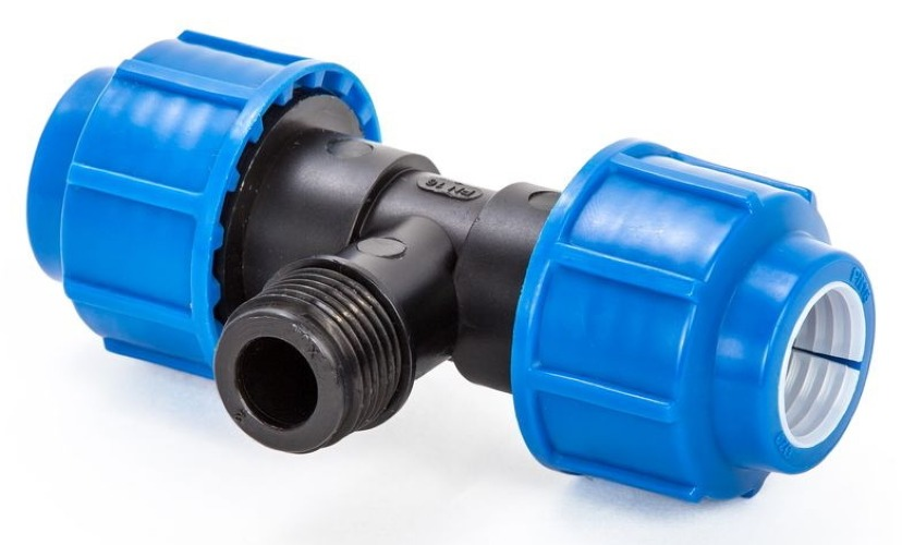 Тройник Lammin / Ламмин компрессионный переходной для ПНД труб обжимной, с наружной резьбой 3/4", полиэтиленовый, синий, диаметр 32мм / водоснабжение