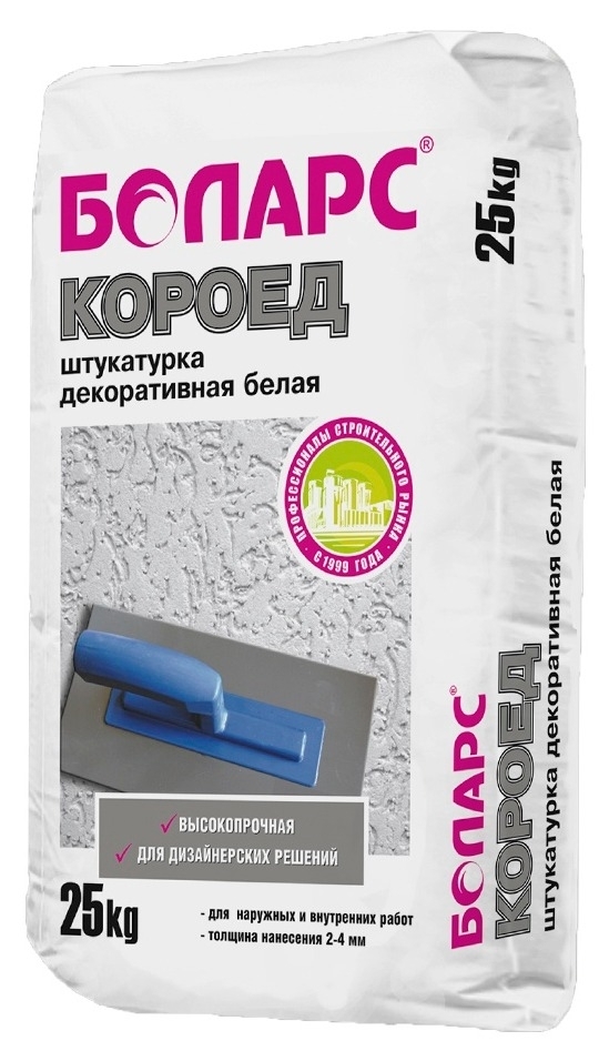 Декоративная штукатурка Боларс Короед фракция 1.5мм, фактурная, для внутренних и наружных работ, цементная, белая, 25кг / строительные смеси