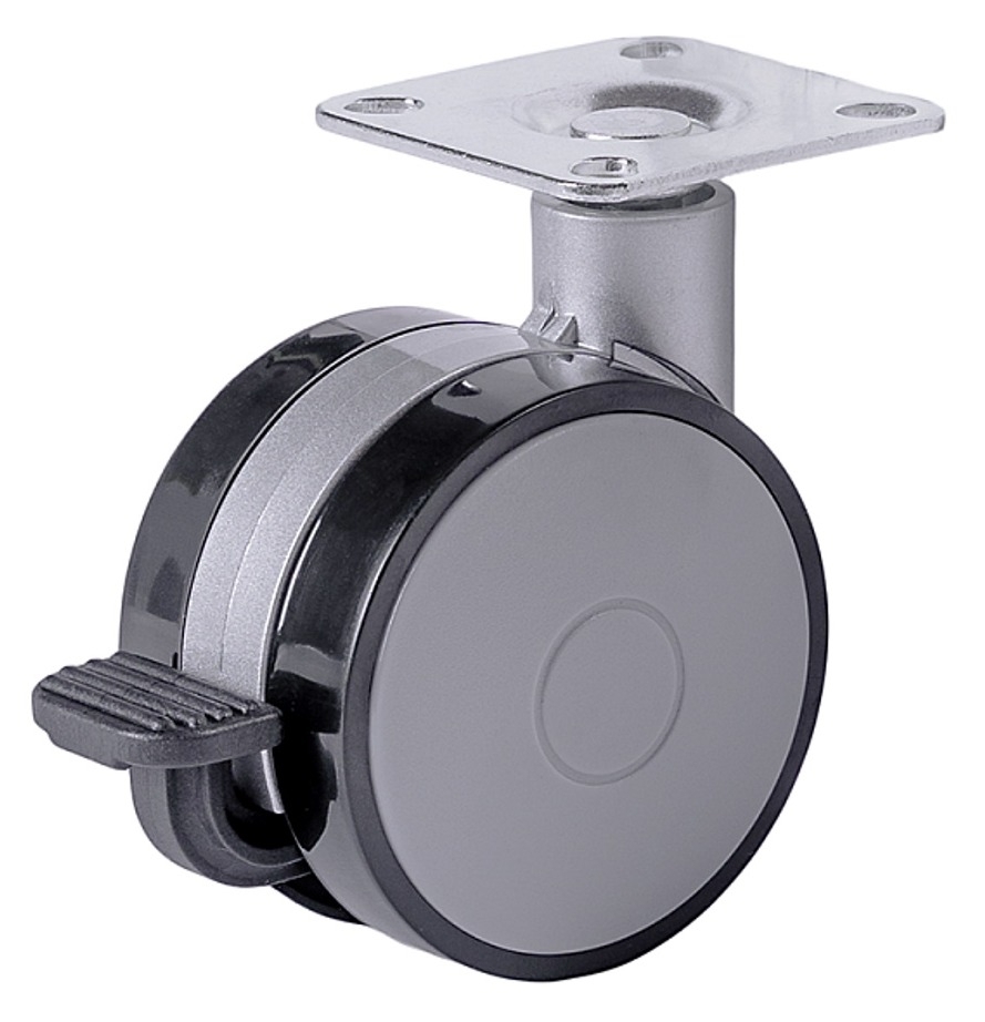 Мебельное колесо Larvij / Ларвидж LWPB-60GY двойное, поворотное, на платформе, с тормозом, пластиковое, серое, диаметр 60мм / фурнитура